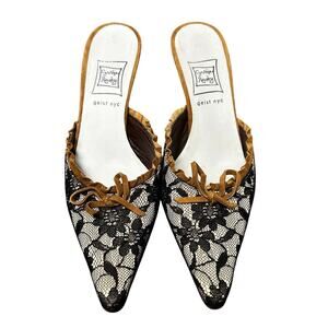 Cynthia Rowley Geist Y2K Brown Suede Black Lace Pointed Toe Kitten Heel Womens 6